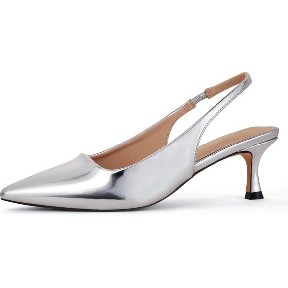 🆕Women Silver Trendy Closed Toe Sling Back Kitten Heels Low Dressy Pumps - Picture 1 of 8